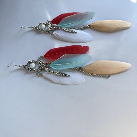 *50% OFF! Bohemian feather dangle earrings silver coral  beaded feathers - Picture 3 of 3